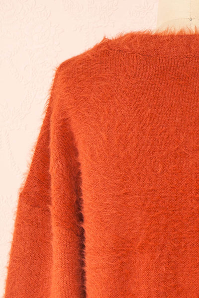 Merrow Rust Fuzzy V-Neck Cardigan | Boutique 1861 back close-up
