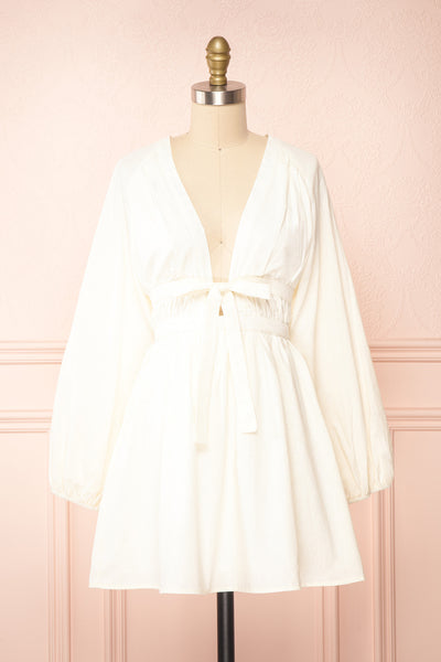 Mertille Short Ivory Dress w/ Long Sleeves | Boutique 1861 front view
