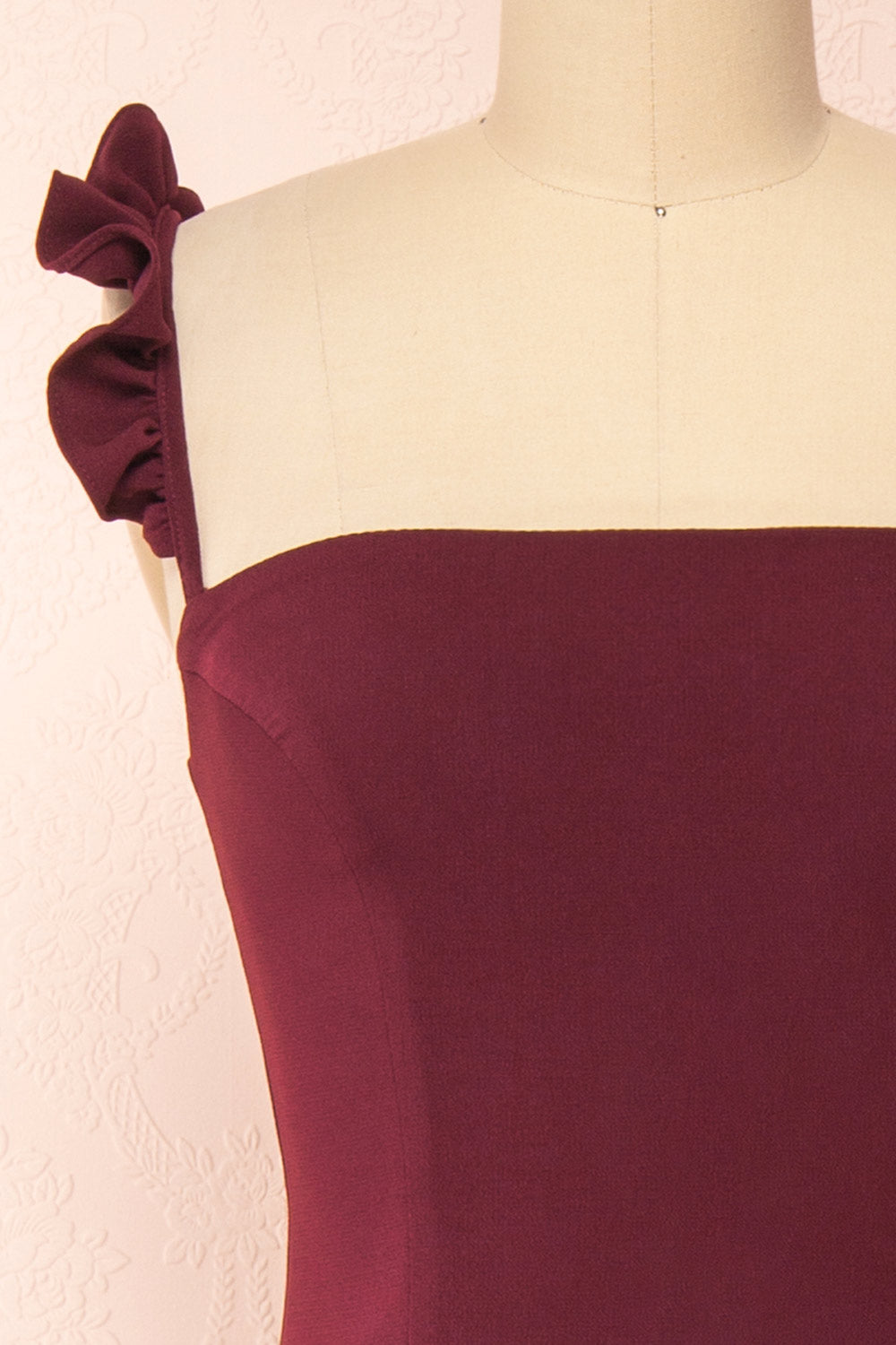 Mia Burgundy Maxi Dress w/ Ruffled Straps | Boudoir 1861 front close-up