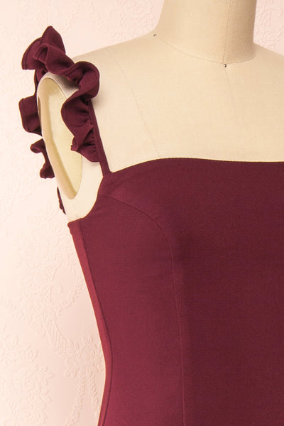 Mia Burgundy Maxi Dress w/ Ruffled Straps | Boudoir 1861 side close-up