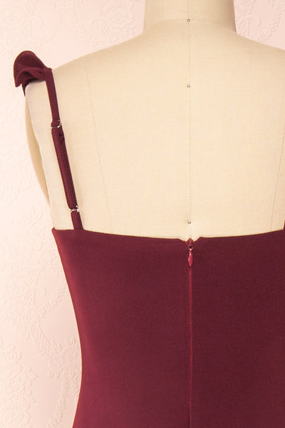 Mia Burgundy Maxi Dress w/ Ruffled Straps | Boudoir 1861 back close-up