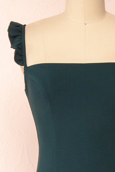 Mia Emerald Green Maxi Dress w/ Ruffled Straps | Boudoir 1861 front close-up