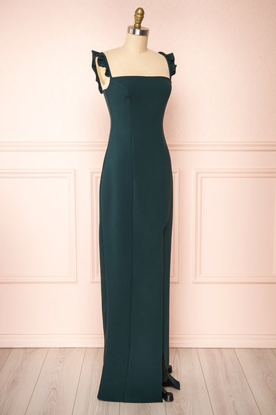 Mia Emerald Green Maxi Dress w/ Ruffled Straps | Boudoir 1861 side view