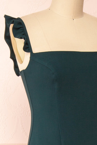 Mia Emerald Green Maxi Dress w/ Ruffled Straps | Boudoir 1861 side close-up