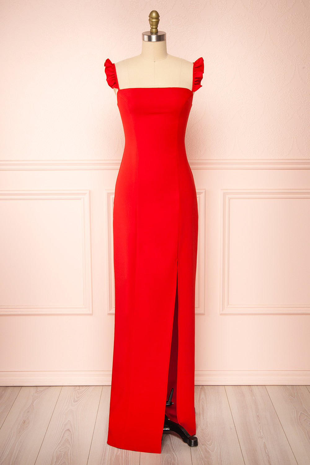 Mia Red Maxi Dress w/ Ruffled Straps | Boudoir 1861 front view