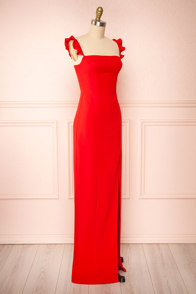 Mia Red Maxi Dress w/ Ruffled Straps | Boudoir 1861 side view