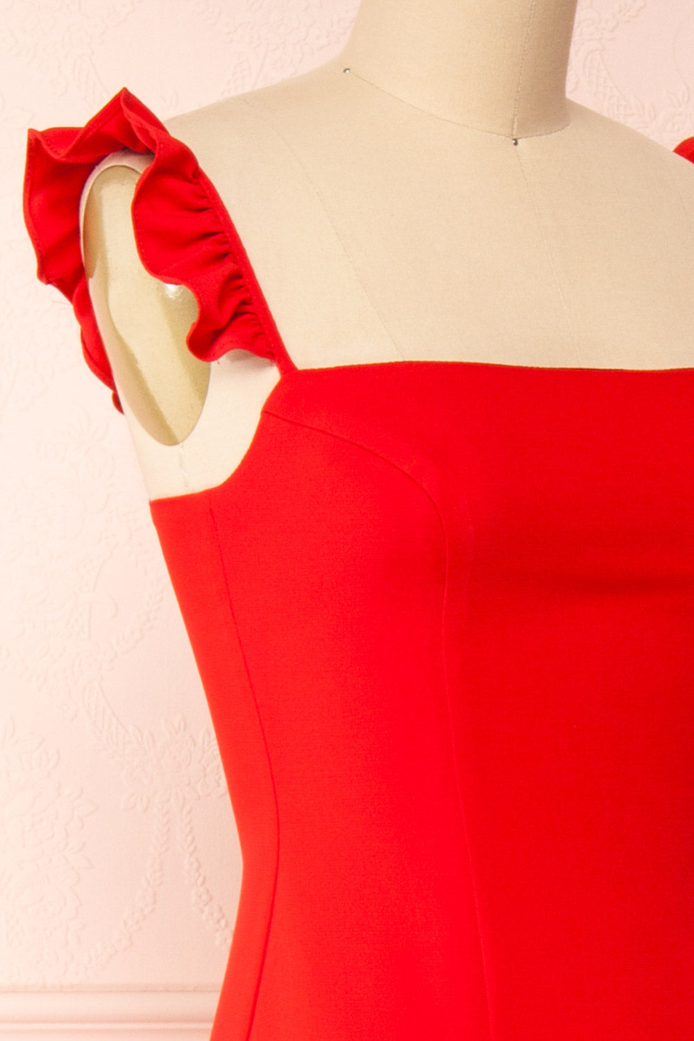 Mia Red Maxi Dress w/ Ruffled Straps | Boudoir 1861 side close-up