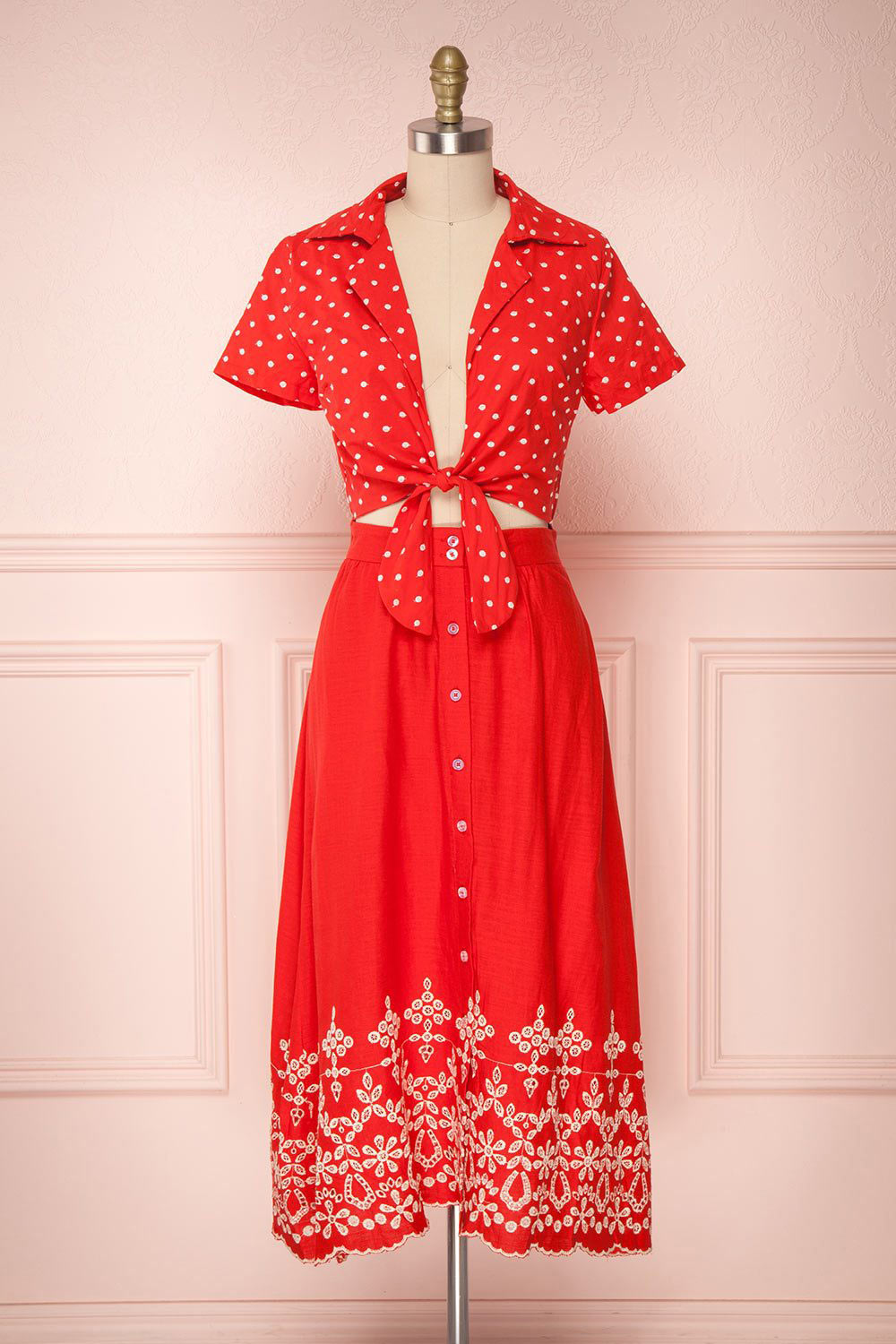 Mickie Red 50s Inspired Tied Neckline A-Line Dress | Boutique 1861