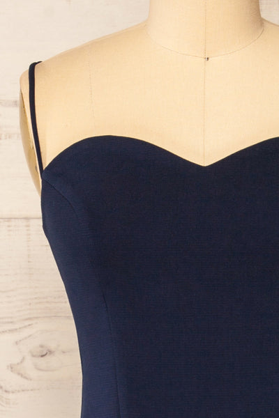 Miira Navy Fitted Midi Dress w/ Sweetheart Neckline | La petite garçonne front close-up