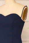 Miira Navy Fitted Midi Dress w/ Sweetheart Neckline | La petite garçonne side close-up