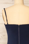 Miira Navy Fitted Midi Dress w/ Sweetheart Neckline | La petite garçonne back close-up