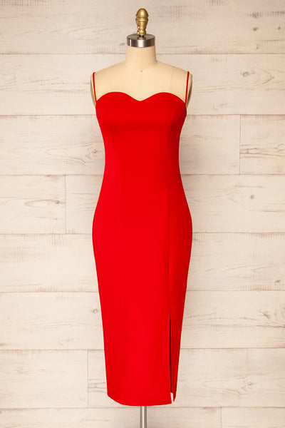 Miira Red Fitted Midi Dress w/ Sweetheart Neckline | La petite garçonne front view