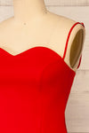 Miira Red Fitted Midi Dress w/ Sweetheart Neckline | La petite garçonne side close-up