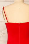 Miira Red Fitted Midi Dress w/ Sweetheart Neckline | La petite garçonne back close-up