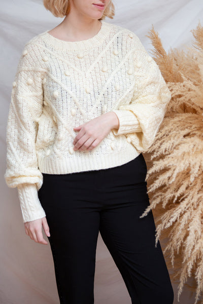 Miirsk Grey Knit Sweater with Pompoms | La petite garçonne model