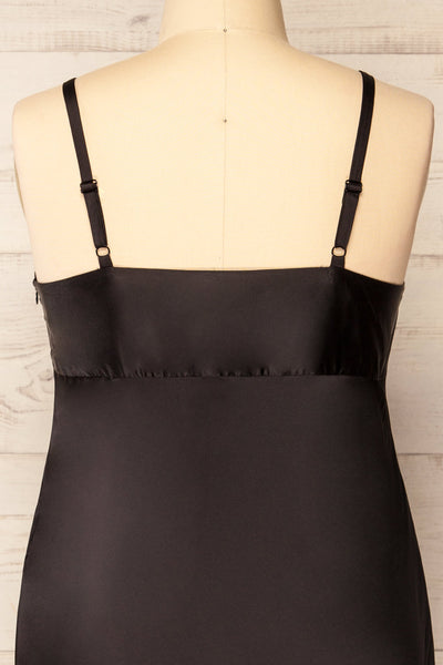 Mikoo Black Midi V-Neck Slip Dress | La petite garçonne back close-up