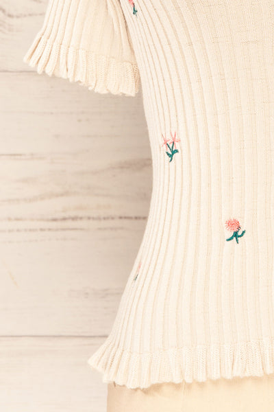 Mikro Beige Floral Short Sleeve Cardigan | La petite garçonne close up