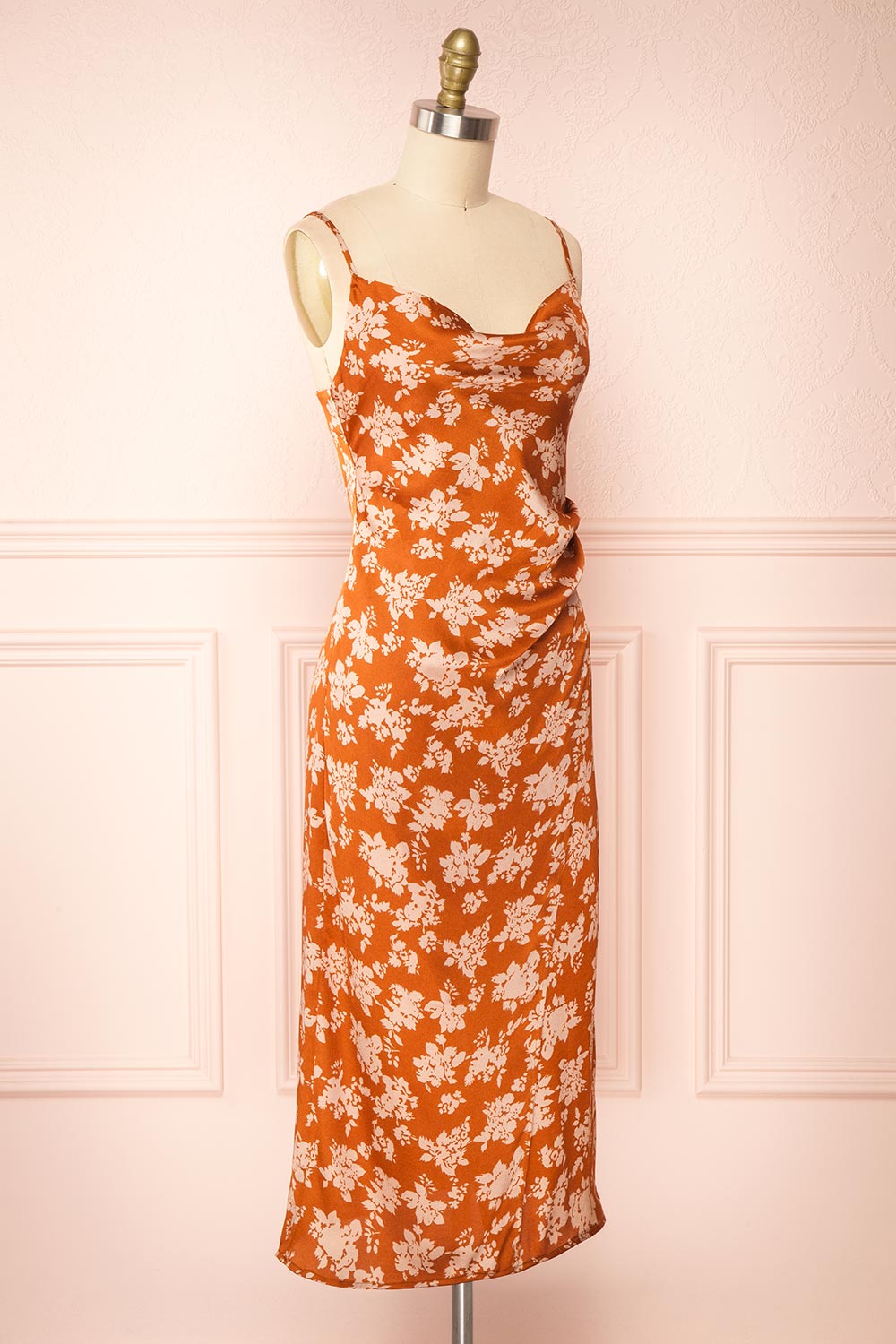 Mimallone Rust Cowl Neck Floral Midi Dress | Boutique 1861 side view