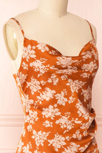 Mimallone Rust Cowl Neck Floral Midi Dress | Boutique 1861 side close-up
