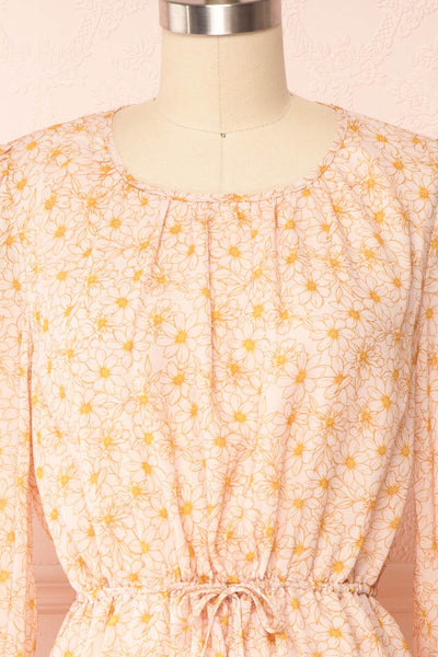Minthe Pink Long Sleeve Floral Drawstring Dress | Boutique 1861  front close up