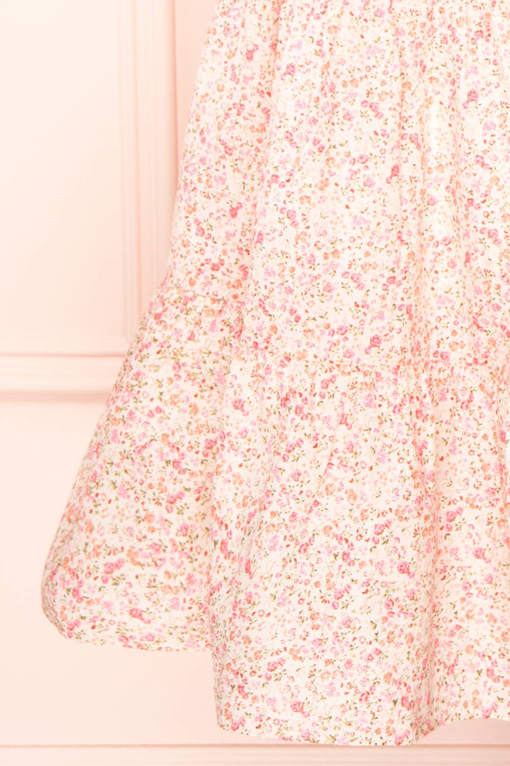 Mizuki Pink Floral Tiered A-Line Midi Dress | Boutique 1861 bottom close-up