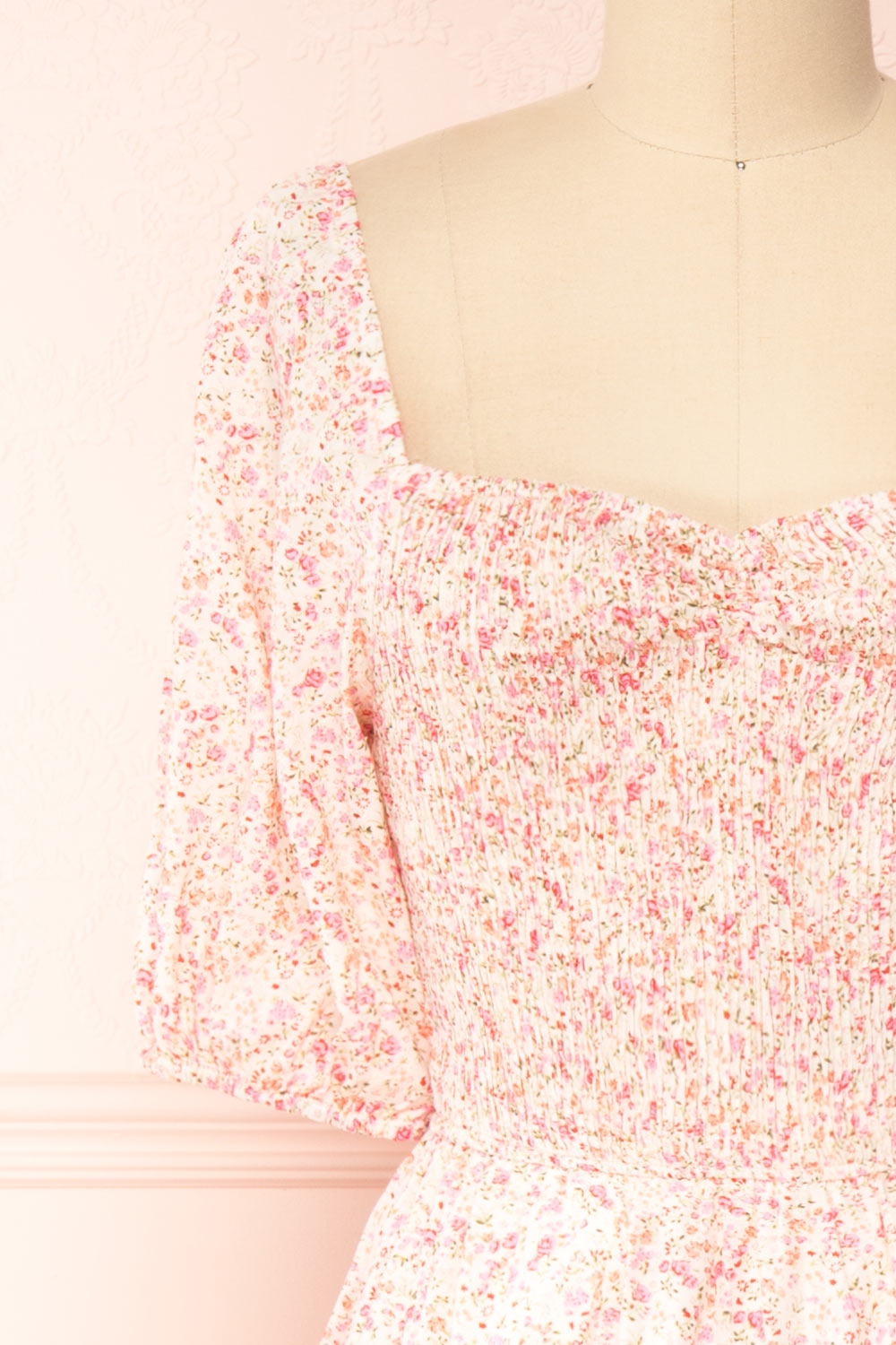 Mizuki Pink Floral Tiered A-Line Midi Dress | Boutique 1861 front close-up