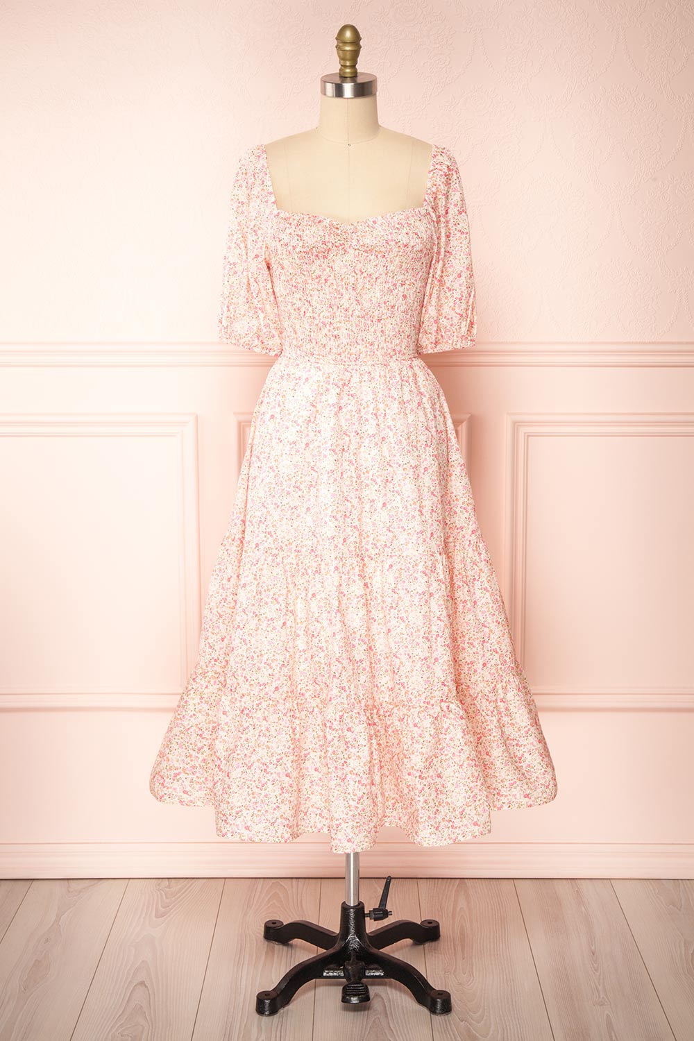 Mizuki Pink Floral Tiered A-Line Midi Dress | Boutique 1861 front view