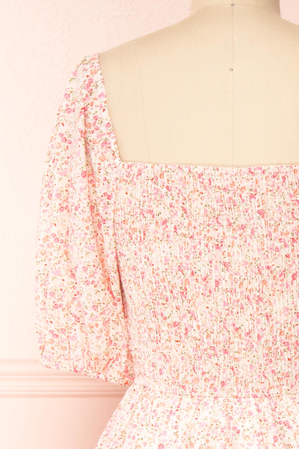 Mizuki Pink Floral Tiered A-Line Midi Dress | Boutique 1861 back close-up