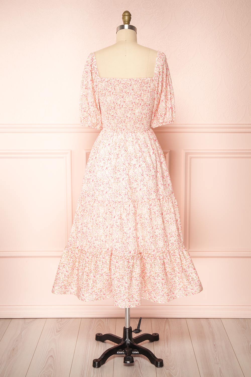 Mizuki Pink Floral Tiered A-Line Midi Dress | Boutique 1861 back view