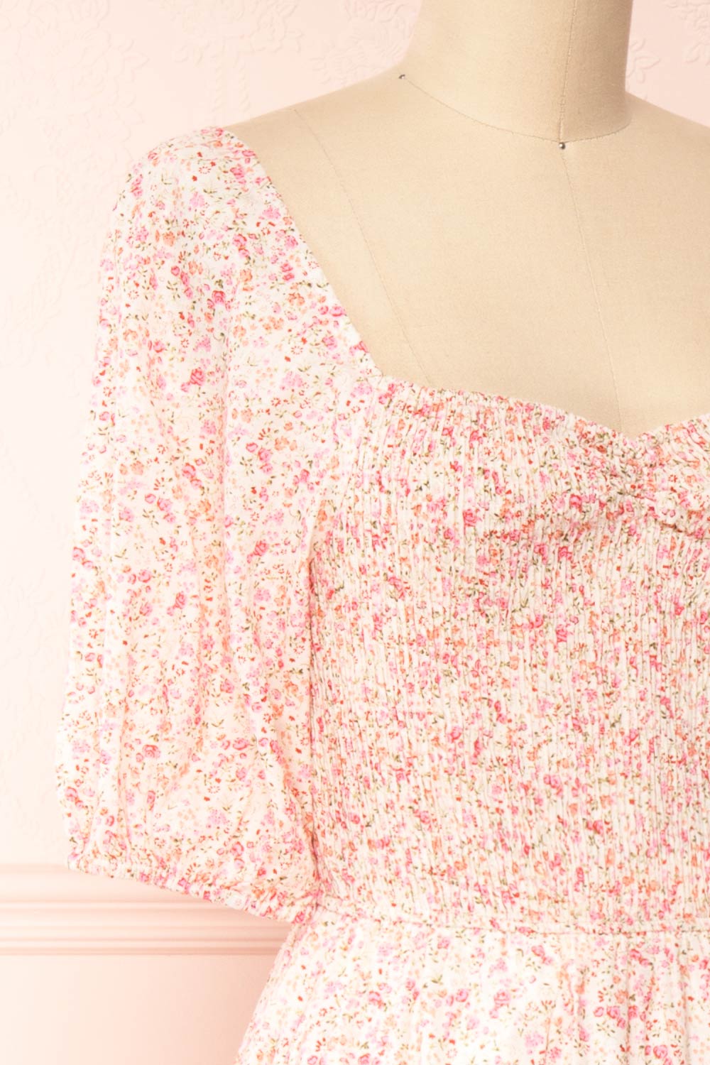 Mizuki Pink Floral Tiered A-Line Midi Dress | Boutique 1861 side close-up