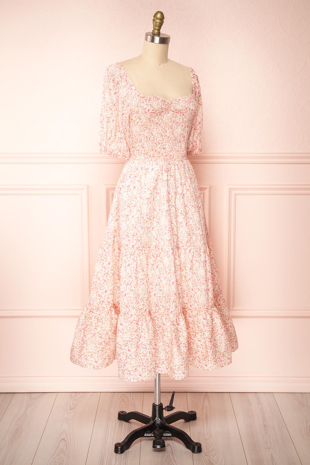 Mizuki Pink Floral Tiered A-Line Midi Dress | Boutique 1861 side view