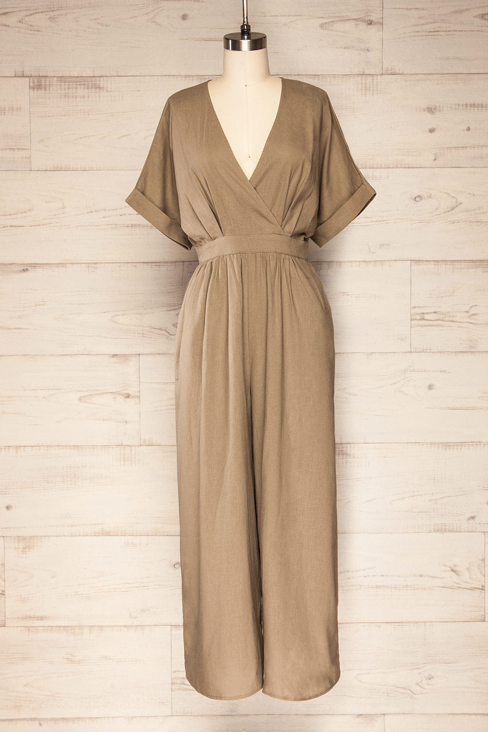 Mockyng Khaki Linen Wide Leg Jumpsuit | La petite garçonne front view 