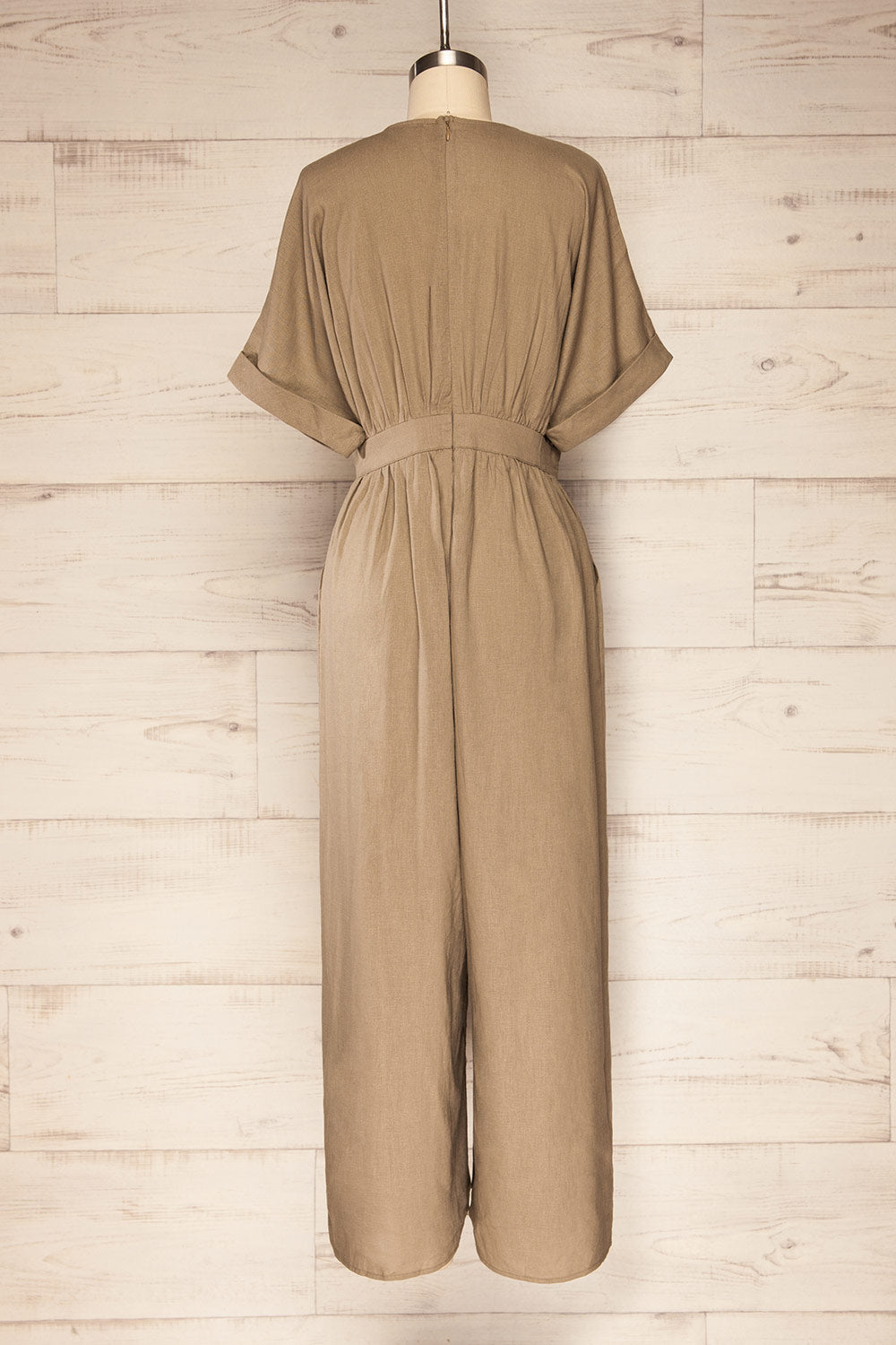 Mockyng Khaki Linen Wide Leg Jumpsuit | La petite garçonne back view 