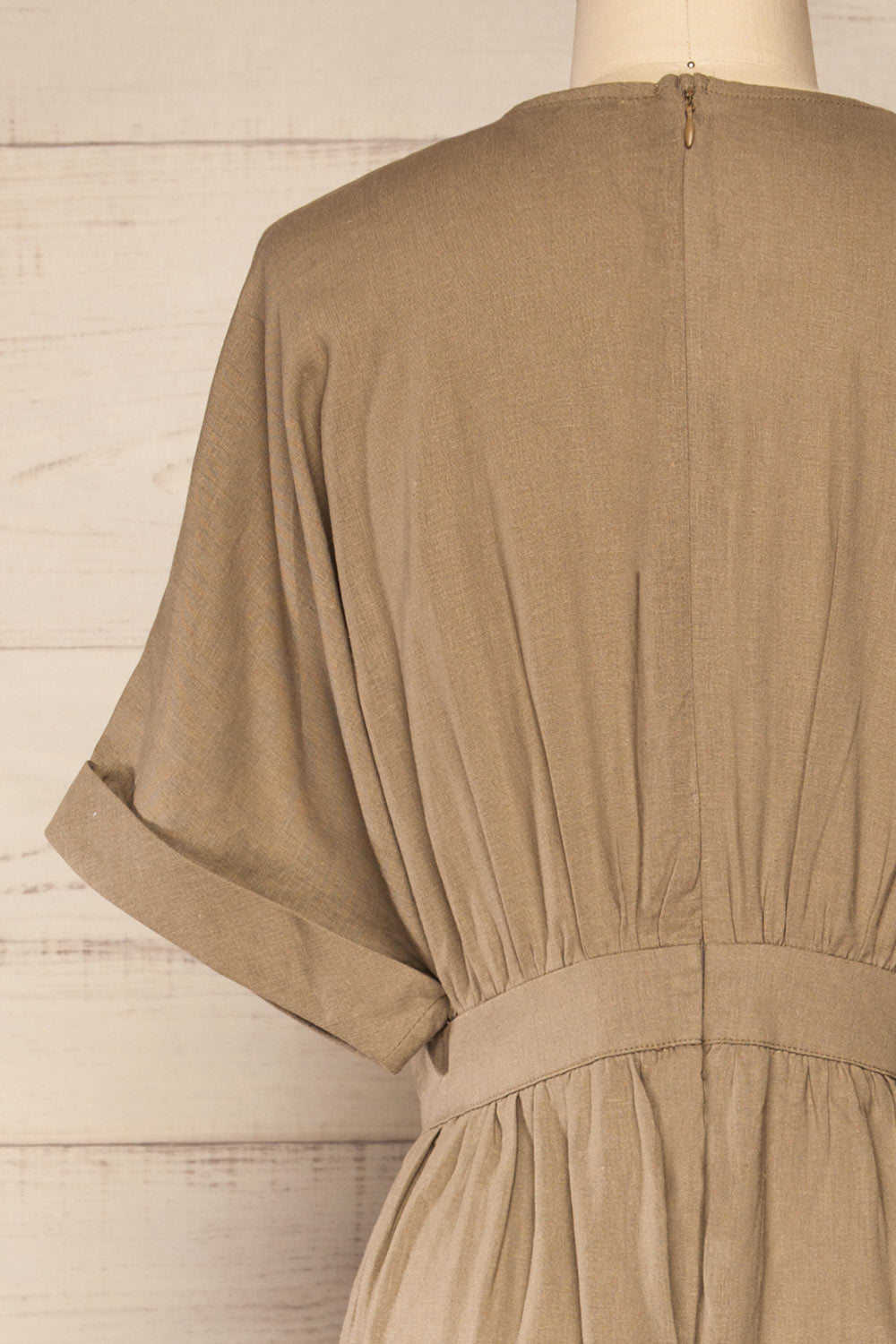 Mockyng Khaki Linen Wide Leg Jumpsuit | La petite garçonne back close-up