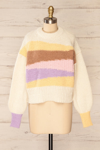 Mogilno Ivory Asymetrical Striped Pattern Knit Sweater | La petite garçonne front view