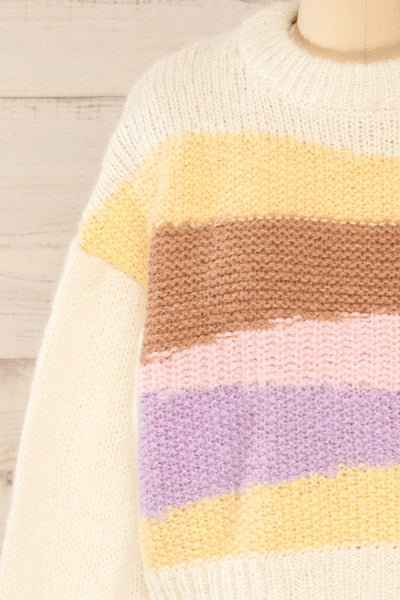 Mogilno Ivory Asymetrical Striped Pattern Knit Sweater | La petite garçonne front close-up