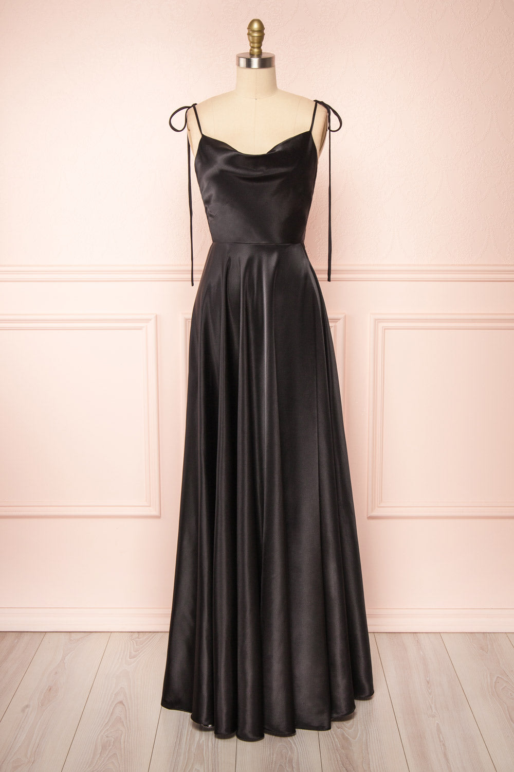 Moira Black Cowl Neck Satin Maxi Dress w/ High Slit | Boutique 1861 front view