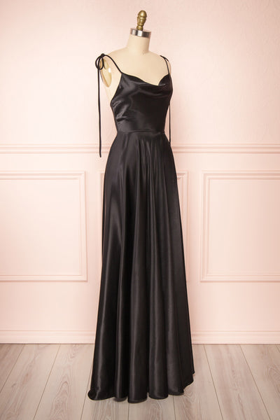 Moira Black Cowl Neck Satin Maxi Dress w/ High Slit | Boutique 1861 side view