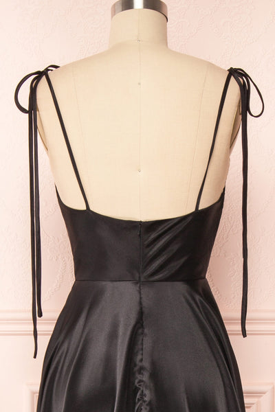 Moira Black Cowl Neck Satin Maxi Dress w/ High Slit | Boutique 1861 back close up