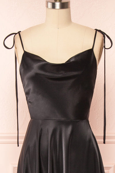 Moira Black Cowl Neck Satin Maxi Dress w/ High Slit | Boutique 1861 front close up