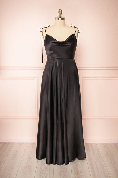 Moira Black Cowl Neck Satin Maxi Dress w/ High Slit | Boutique 1861 front plus size