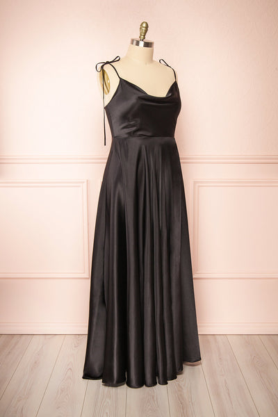 Moira Black Cowl Neck Satin Maxi Dress w/ High Slit | Boutique 1861 side plus size