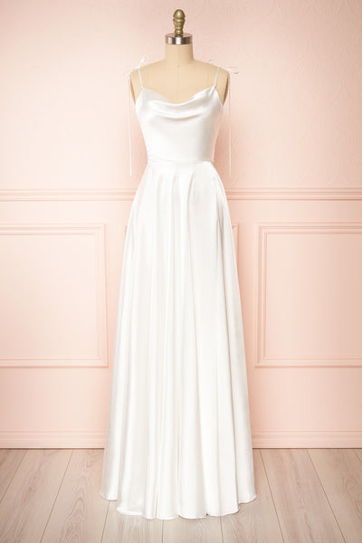Moira Ivory Bridal Cowl Neck Satin Gown w/ High Slit | Boutique 1861 front view