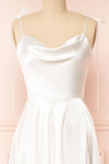 Moira Ivory Bridal Cowl Neck Satin Gown w/ High Slit | Boutique 1861 front close-up