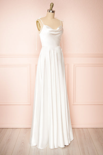Moira Ivory Bridal Cowl Neck Satin Gown w/ High Slit | Boutique 1861 side view