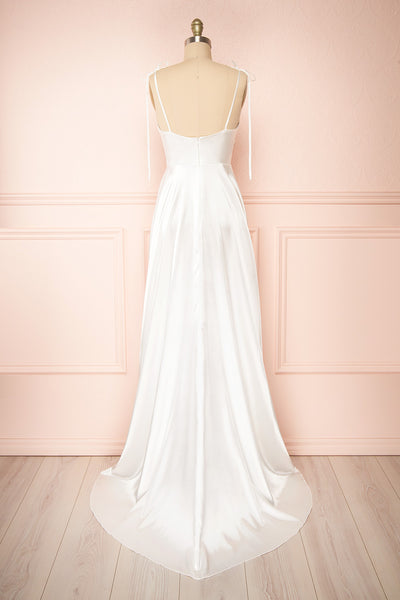 Moira Ivory Bridal Cowl Neck Satin Gown w/ High Slit | Boutique 1861 back view