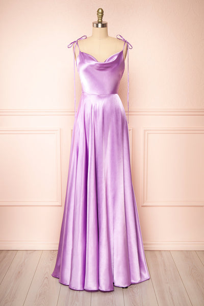 Moira Lavender Cowl Neck Satin Maxi Dress w/ High Slit front view