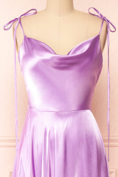Moira Lavender Cowl Neck Satin Maxi Dress w/ High Slit front close-up