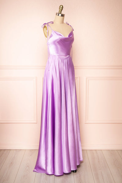 Moira Lavender Cowl Neck Satin Maxi Dress w/ High Slit side view