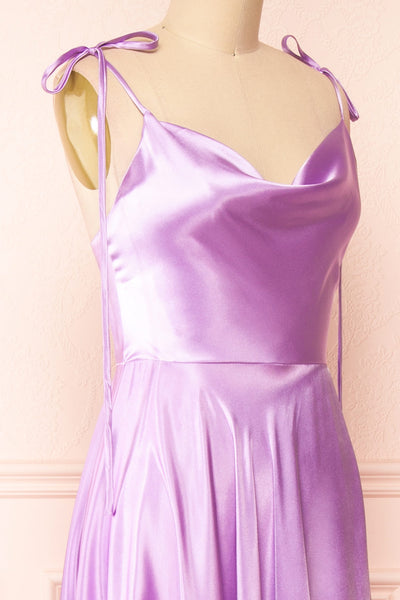Moira Lavender Cowl Neck Satin Maxi Dress w/ High Slit side close-up